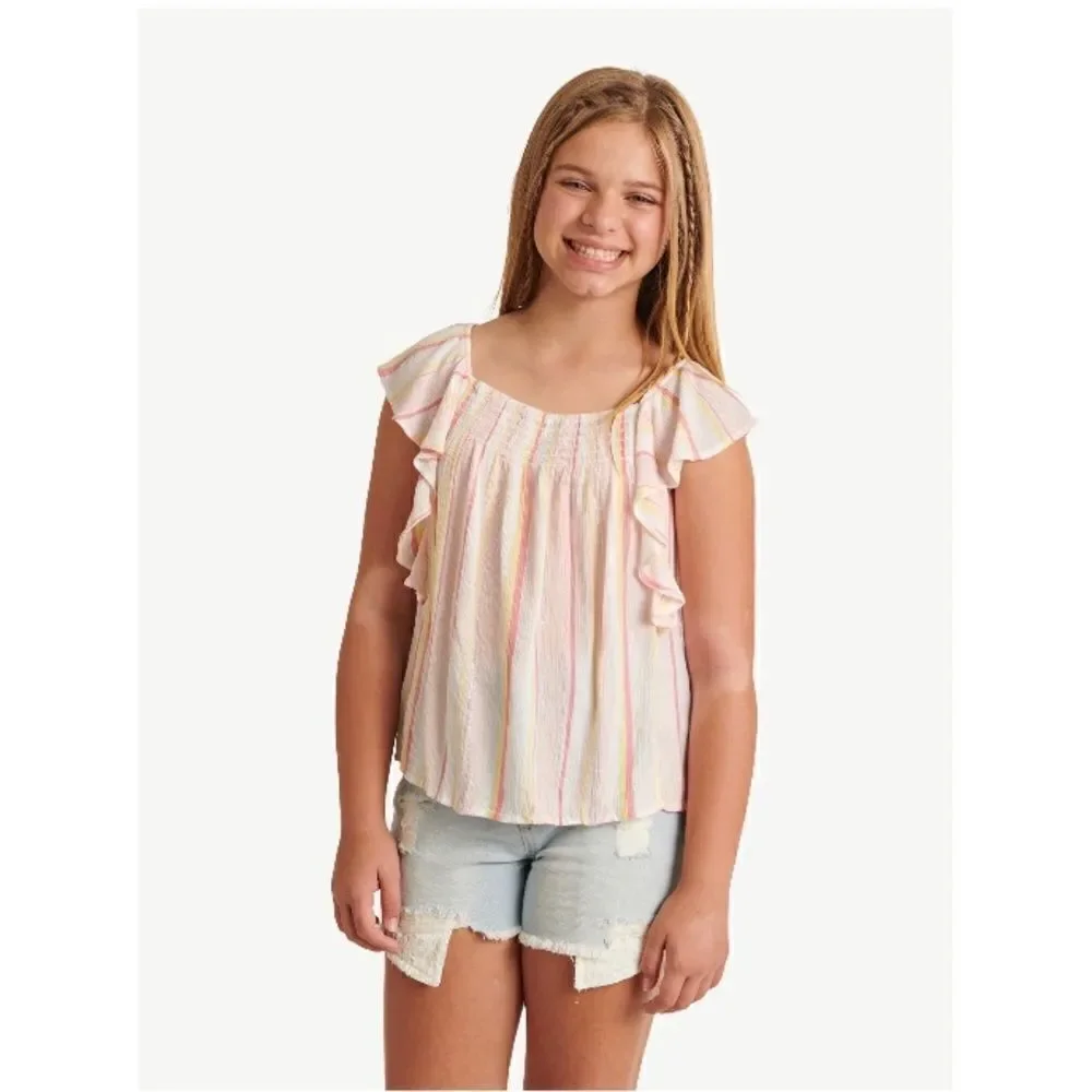Justice Girl's Ruffle Strap Flowy, Knit Lace Up Babydoll & Bandana Top 16 XLP